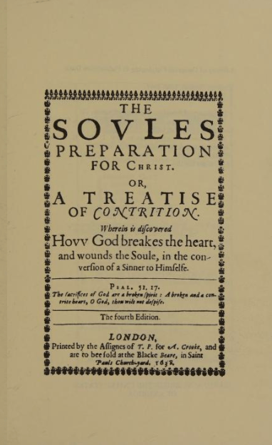 Tan cover page of The Soul’s Preparation for Christ. Or, a Treatise of Contrition. Wherein is discovered How God breaks the heart and wounds the Soul, in the conversion of a Sinner to Himself, by Thomas Hooker.