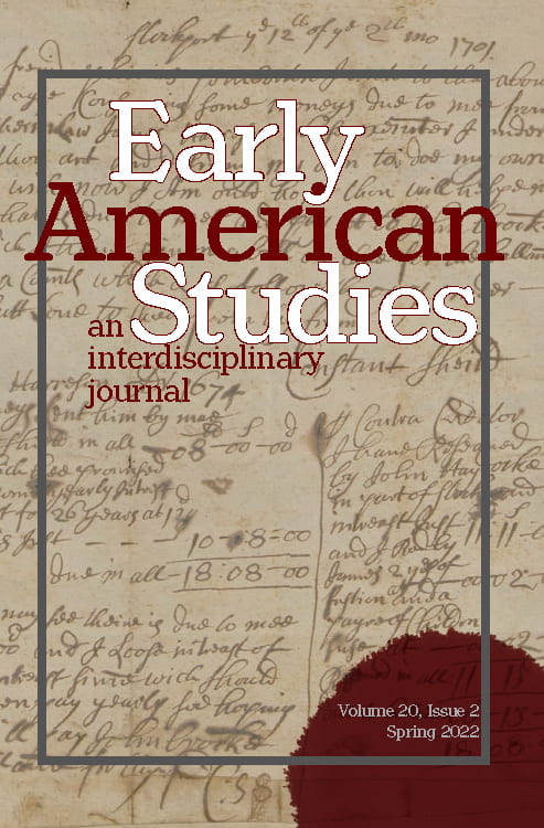 A cover image of the Early American Studies Journal. The text is maroon and white, and the background image is a 17th century letter with an account ledger.