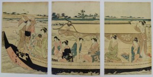 Chôbunsai Eishi, "Pleasure Boat Triptych with Beauties," ca. 1792-93