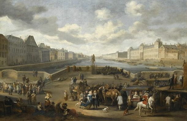 Painting by Hendrick Mommers: Vue de Paris et de la Seine, prise du milieu du Pont-Neuf. À droite, le palais du Louvre
