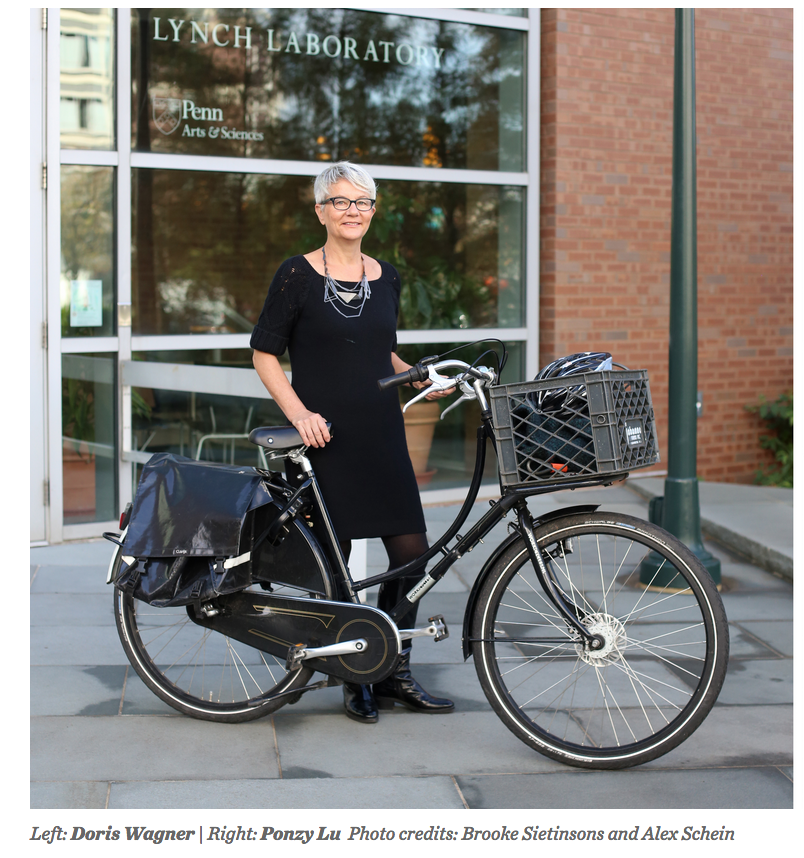 doris wagner in front of Lynch Lab with her bicycle